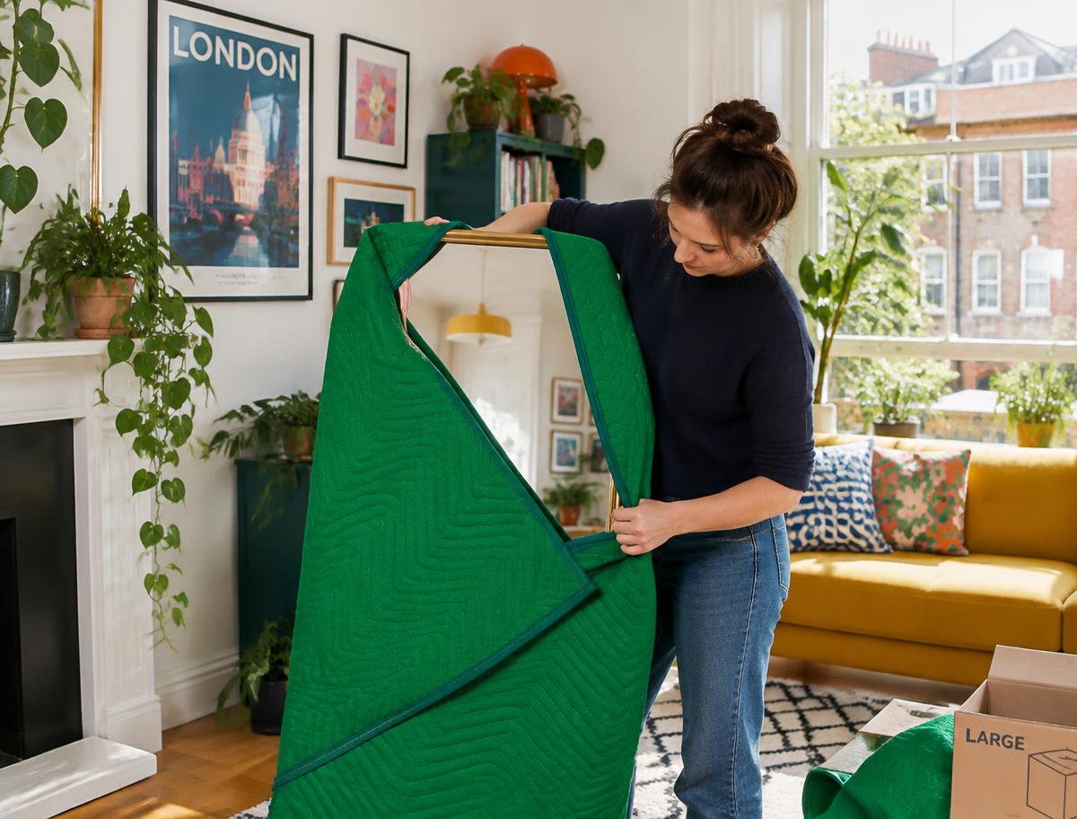 Crew member carefully wrapping a mirror in a moving blanket