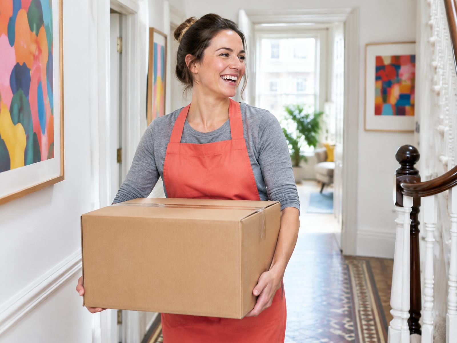 A Sister Move crew member carrying a box through a bright London flat