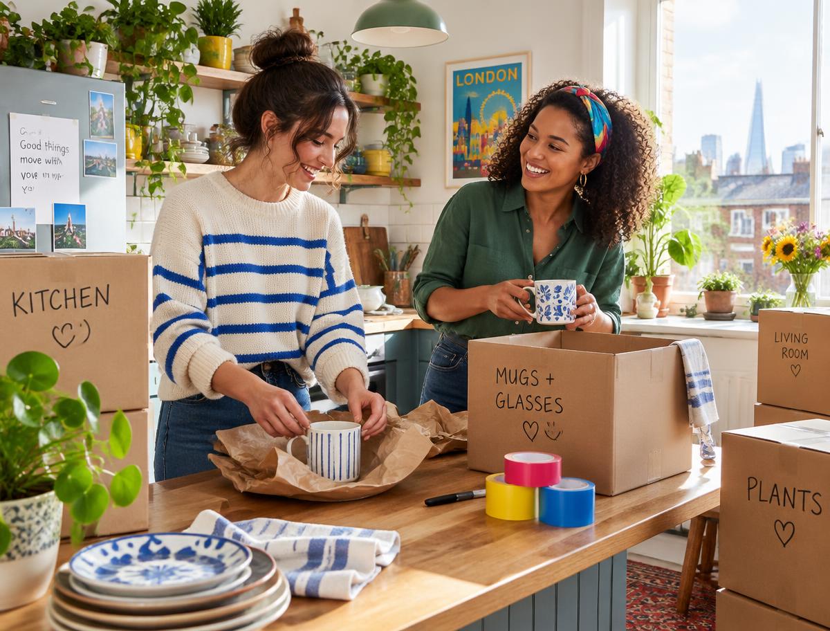 Two crew members packing a kitchen, laughing