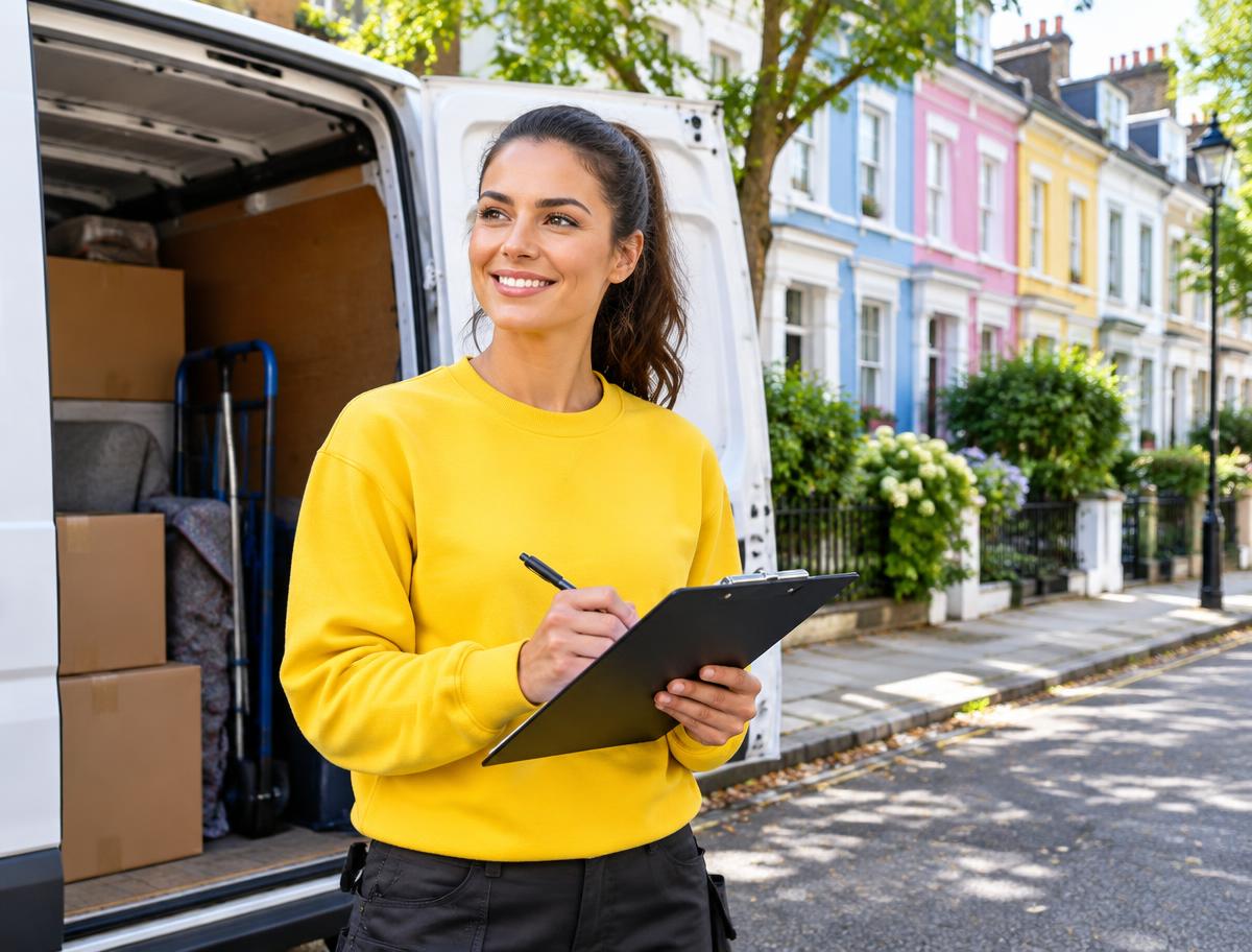 Crew lead with a checklist by the van on a colourful London street